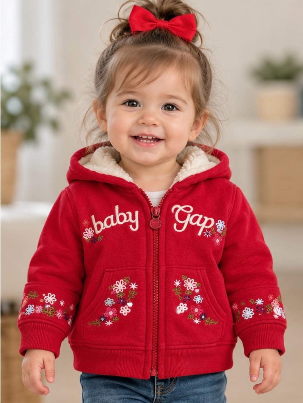 Baby Gap Red Floral Zip Hoodie | Sherpa-Lined Body & Hood | 12–18M